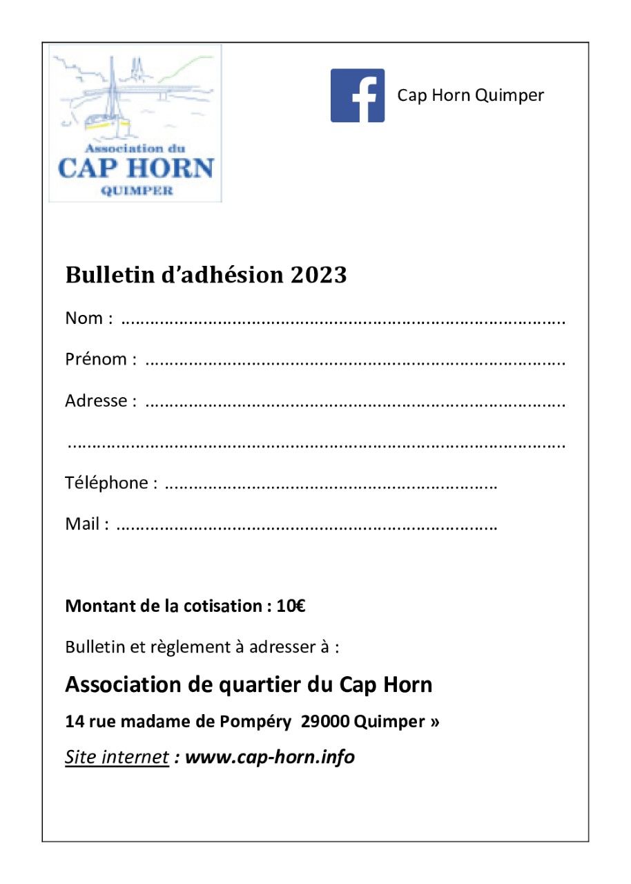 Bulletin d'adhésion à l'association de quartier du Cap Horn